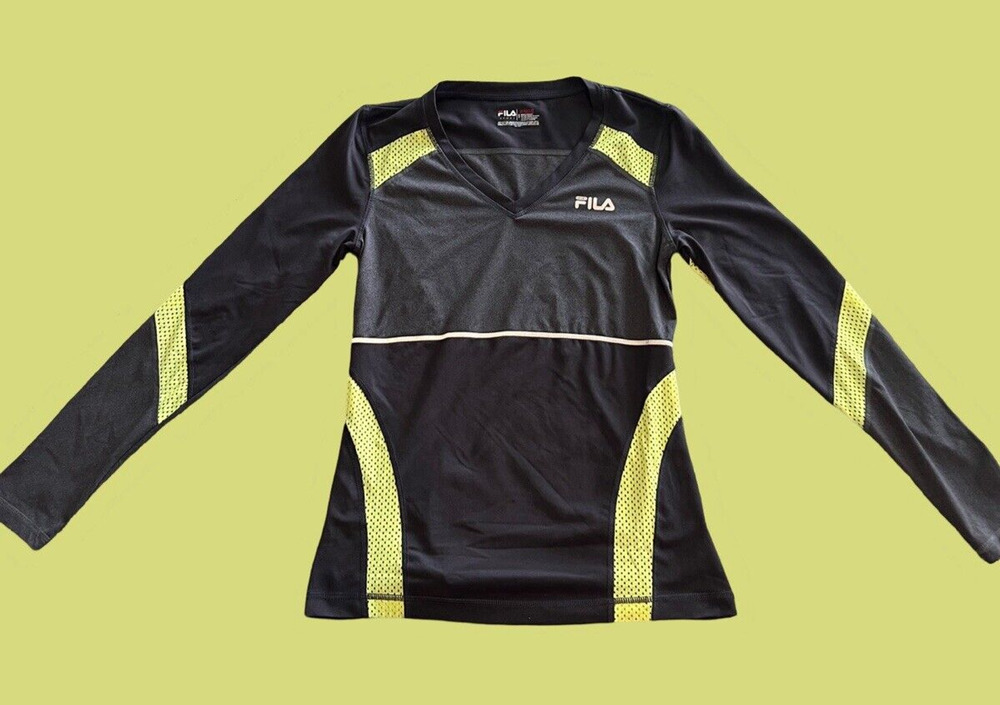 FILA SPORT Running Shirt, Long Sleeve Pullover, V-Neck, Black| Women's: S